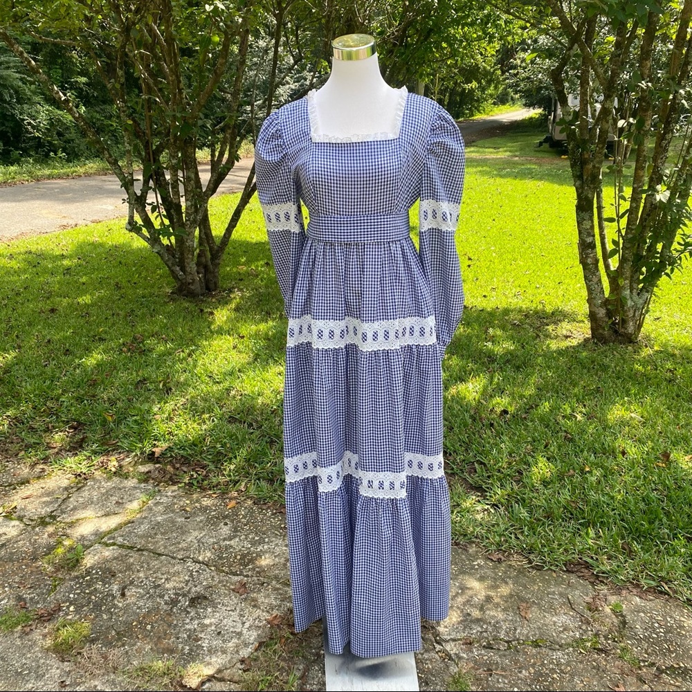 Vintage 70s Prairie Dress Blue Gingham Cottage Core Festival Costume Handmade